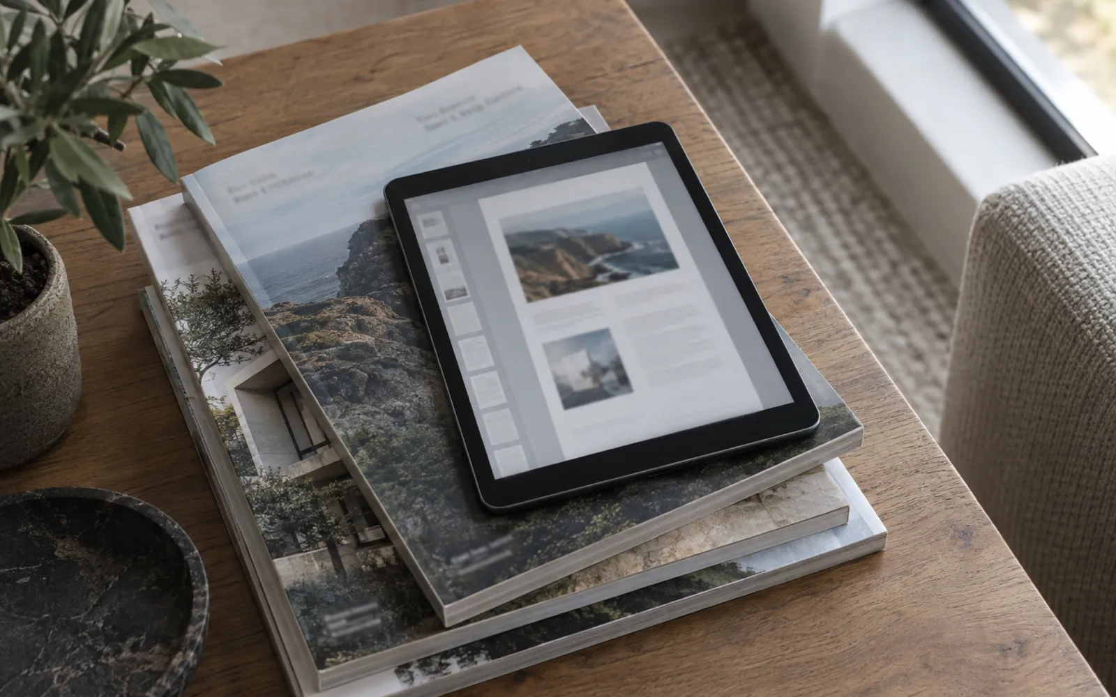 Una pila di riviste stampate e, sopra, un tablet con un PDF troppo piccolo per essere letto.